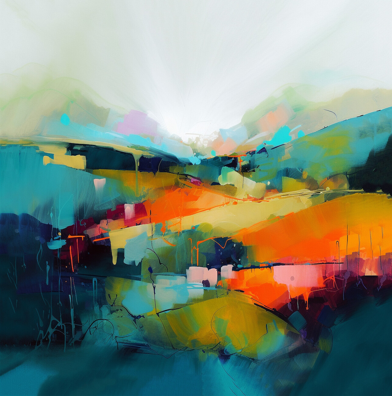 Abstract Landscape Paintings On Canvas Landscape Paintings Nature throughout "White And Blue Waves Under Sun" Canvas Print, 4 Panels