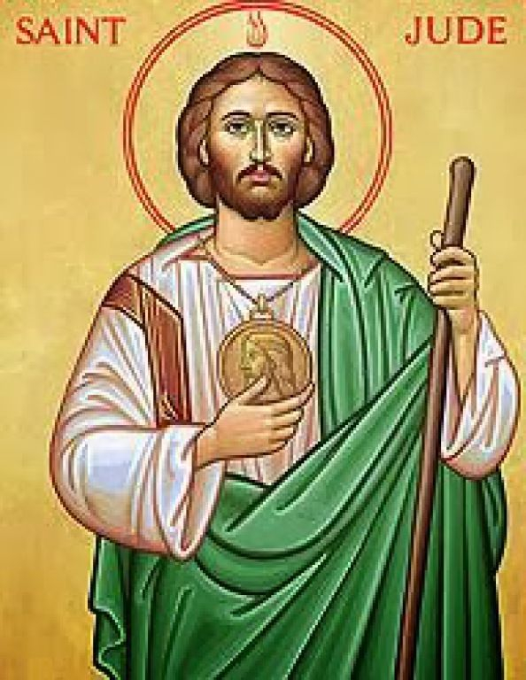 An Icon Of Saint Jude Holding A Book And A Staff In His Hand With The ... regarding The Spiritual Significance Behind Saint Jude Icon