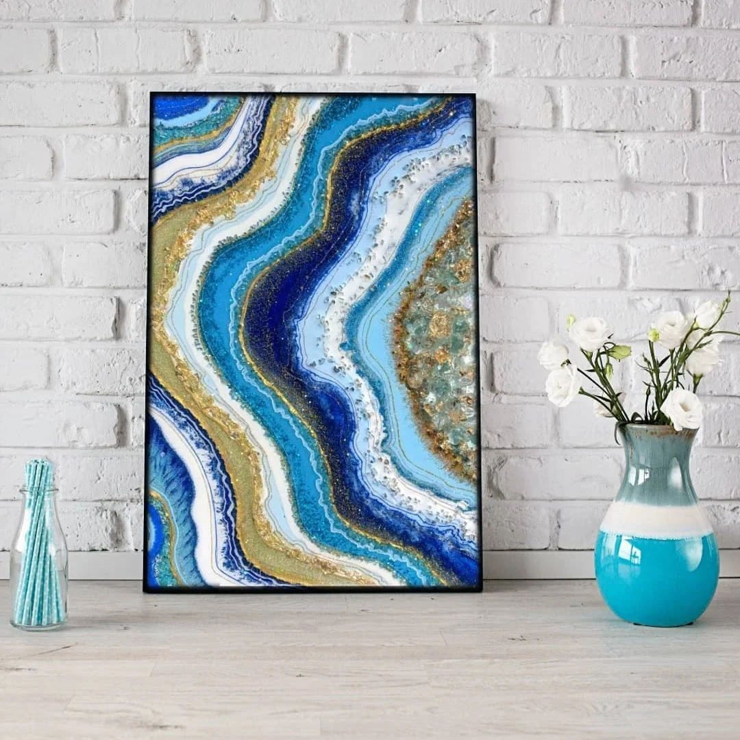 Buy Large Geode Resin Wall Art | Blue Gold Geode Resin Art - Art-Strokes inside Creating Balance in Your Home Through Three Blue Geode Wall Art