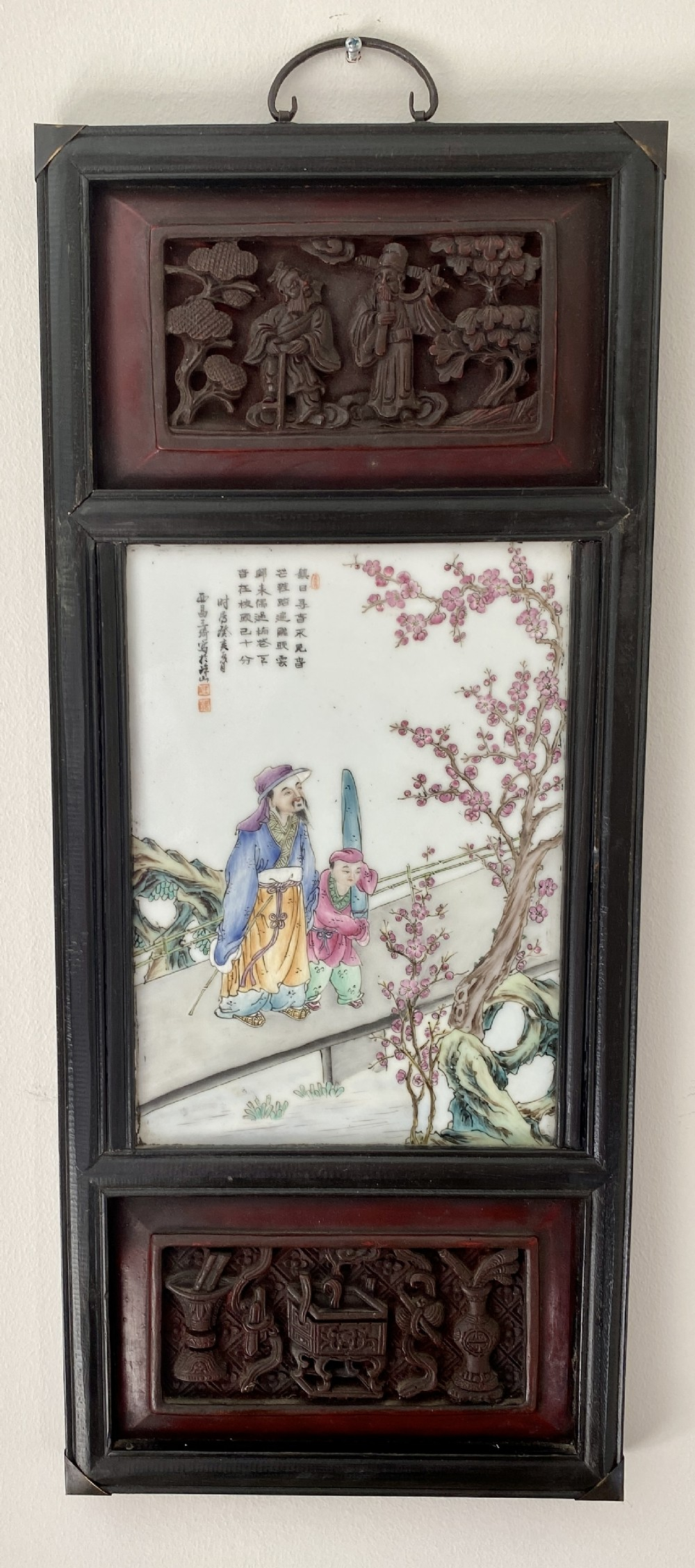 Chinese Porcelain Plaque. C1920. in Vintage Chinese Wood Frame Porcelain Flower Birds Wall Plaque Panel Hws1204