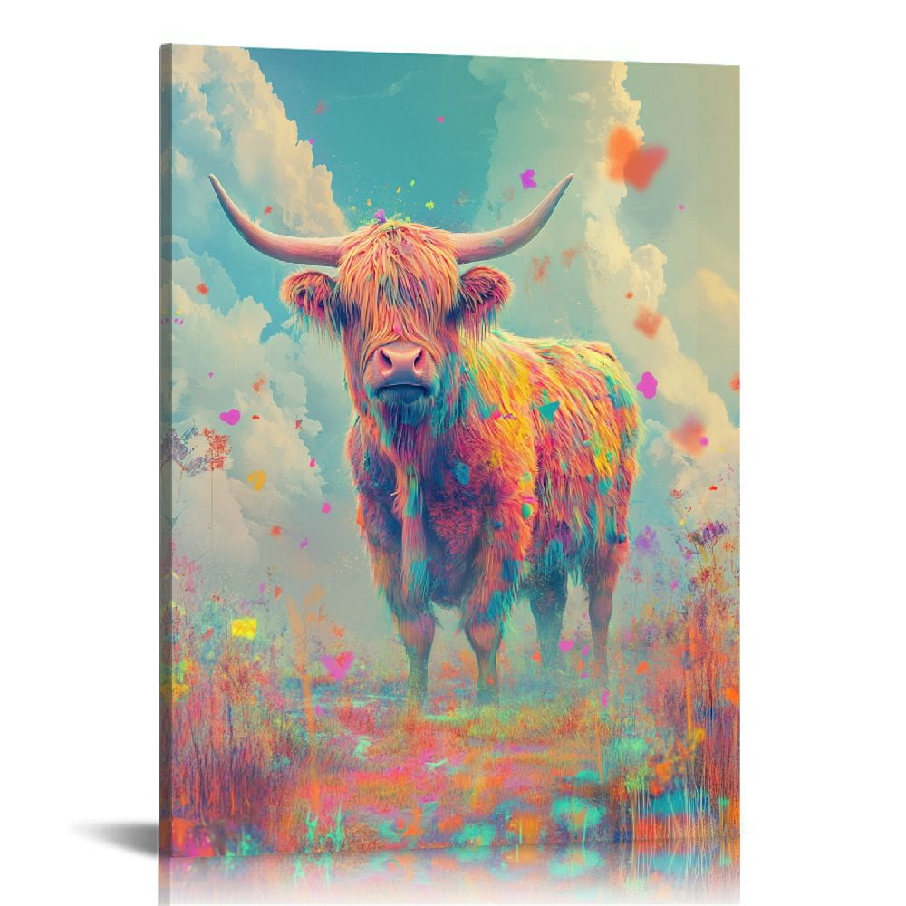 Cozynet Surreal Highland Cow Print On Canvas - Floating Shapes, Vibrant ... for The Artistic Process of Creating Floating Acrylic Highland Cow Designs