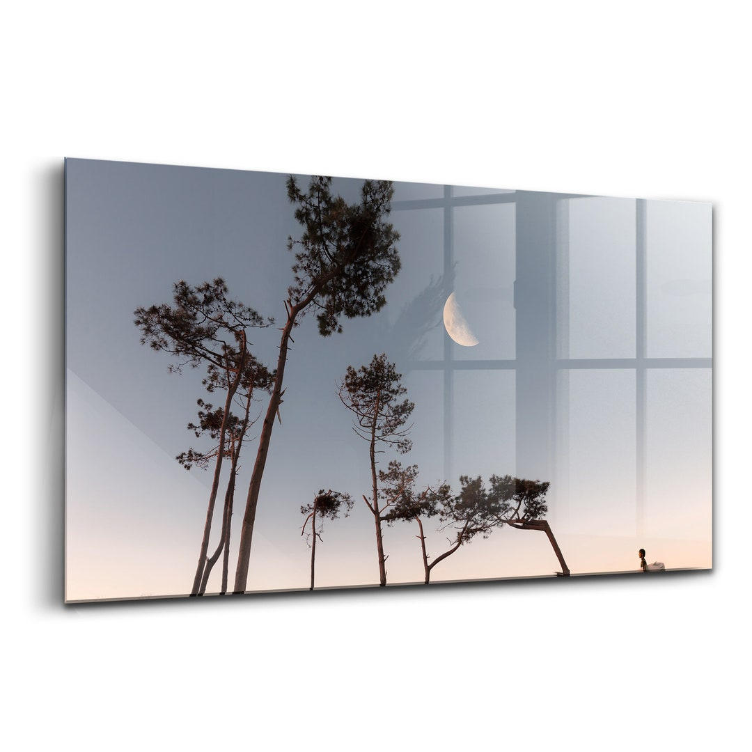 Crescent And Trees Tempered Glass Print, Pink Frameless Art, Bedroom ... throughout Exploring the Craftsmanship Behind Frameless Tempered Glass Prints