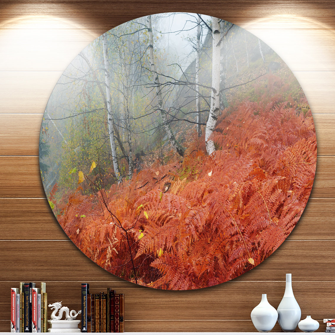 Design Art 'Red Fern In Foggy Fall Fay' Photographic Print On Metal ... throughout "Red Fern In Foggy Fall Fay" Canvas Print