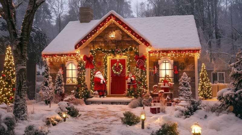 Festively Decorated Cottage With Santa And Christmas Lights On A Snowy ... intended for Designing Heartwarming Holiday Entrances That Capture Santa's Cottage Magic