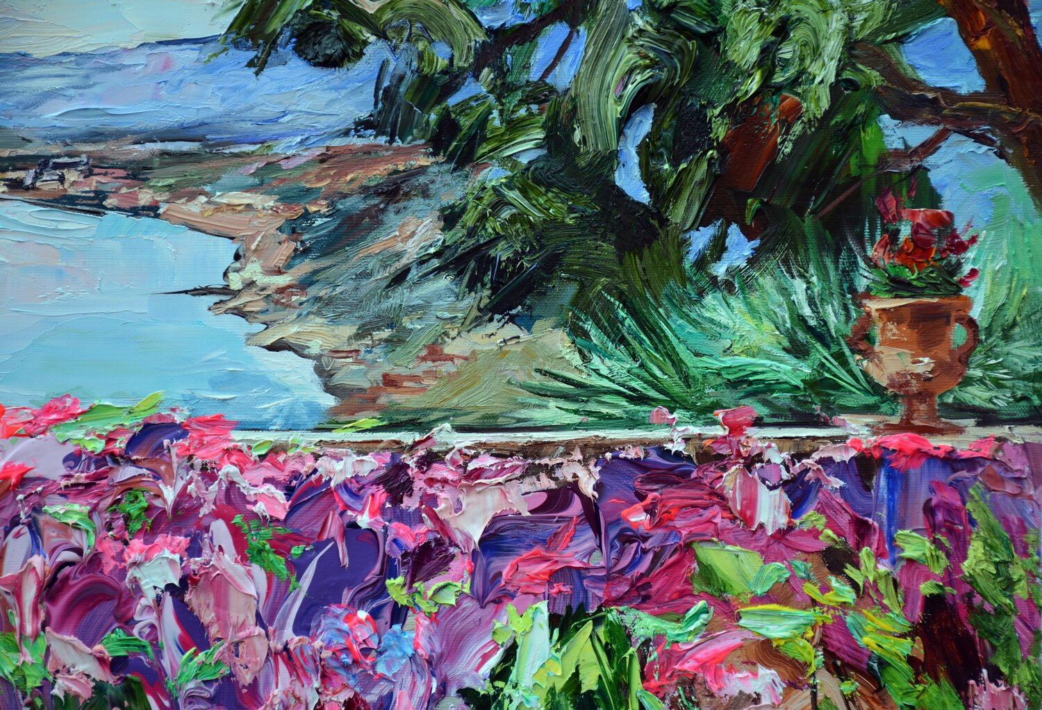 Giardini Di Taormina By Olga Novokhatska (2024) : Painting Oil On ... inside "Taormina Island Panoramic View" Canvas Print