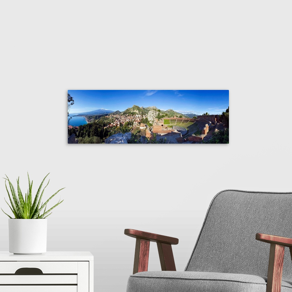 Italy, Sicily, Taormina, Greek Theatre And Mount Etna In Background ... throughout Behind the Scenes of Creating Authentic Taormina Island Canvas Art