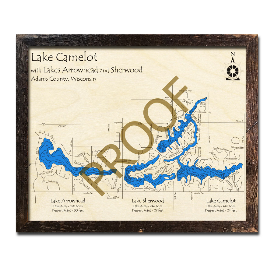 Lake Camelot, Wi Wood Map | 3D Nautical Wood Charts inside Lake Camelot, Wisconsin-Wood Lake Map, Medium Standout