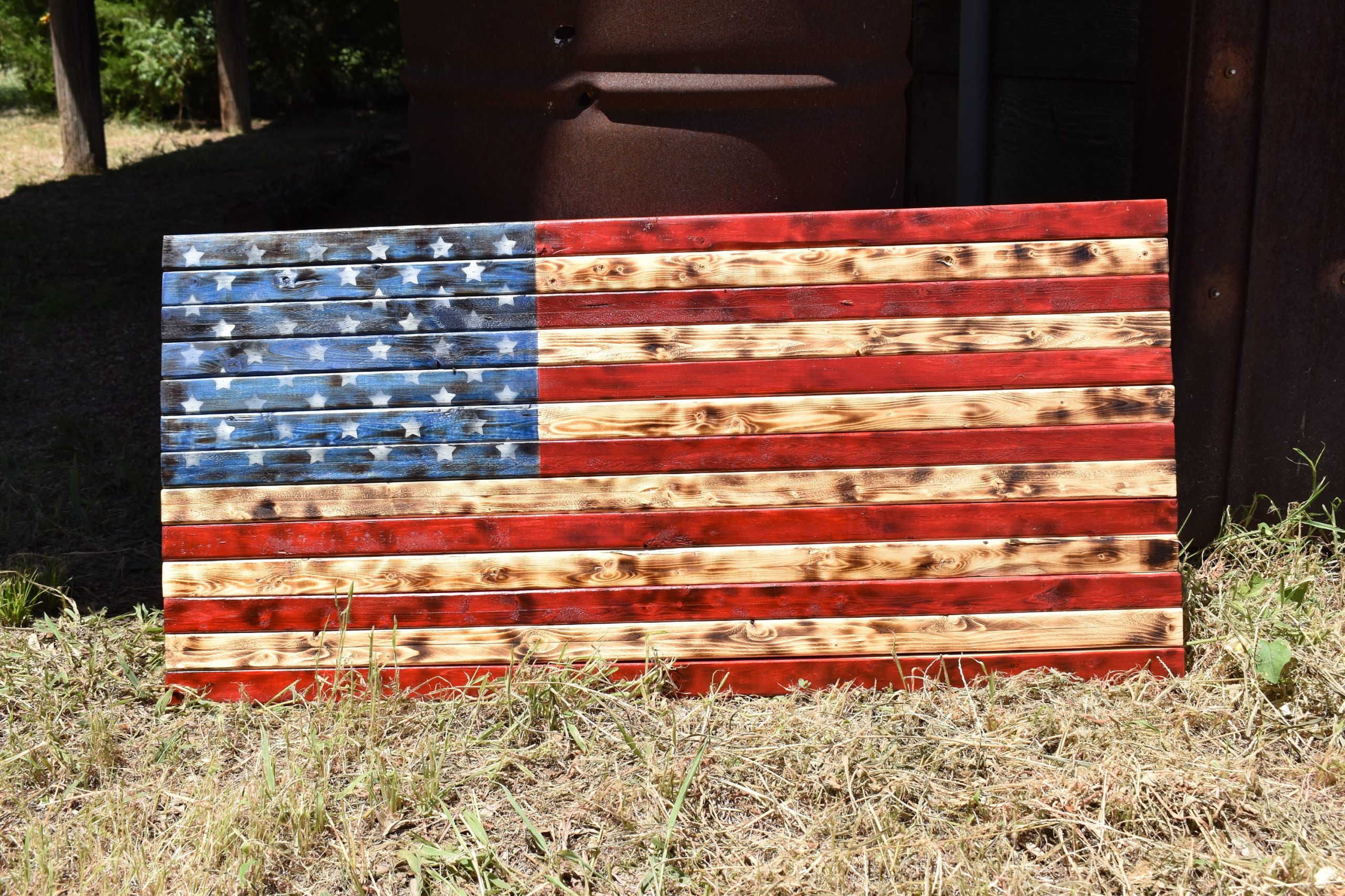 Creating Patriotic Ambiance with Large Scale Rustic Wood and Metal Flags