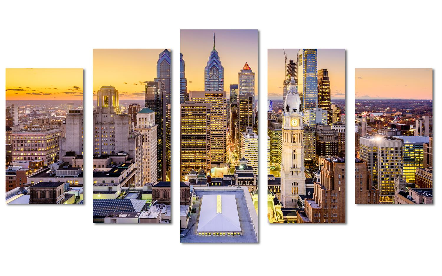 Philadelphia Pennsylvania Skyline Canvas Print. 5 Panel Diamond Split ... inside Artistic Perspectives on Philadelphia's Evening Architecture in Canvas Form