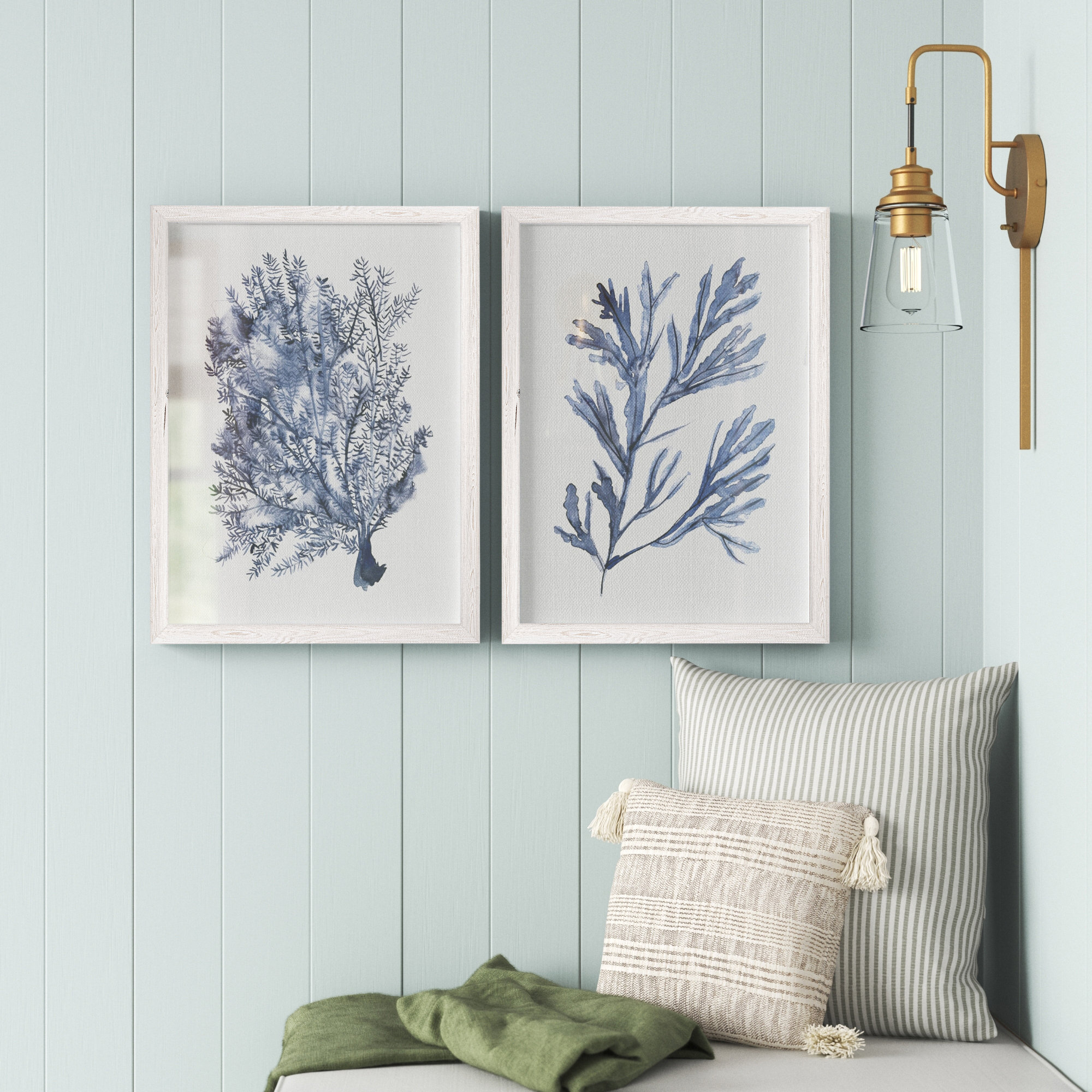 Analyzing the Composition of Seaweed Under Water V Triptych Blue 60×30