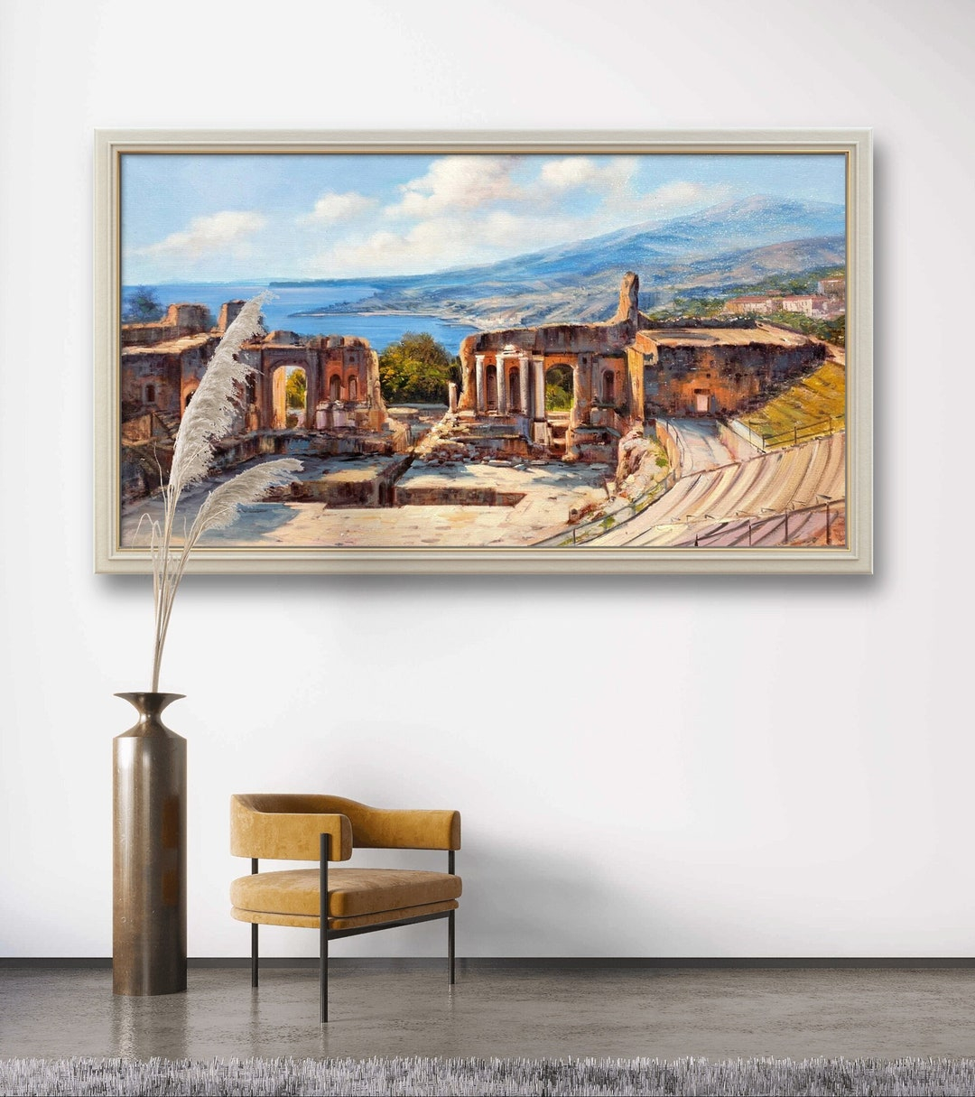Sicily Painting On Demand Taormina View 60X100 Cm Original Oil On ... intended for "Taormina Island Panoramic View" Canvas Print