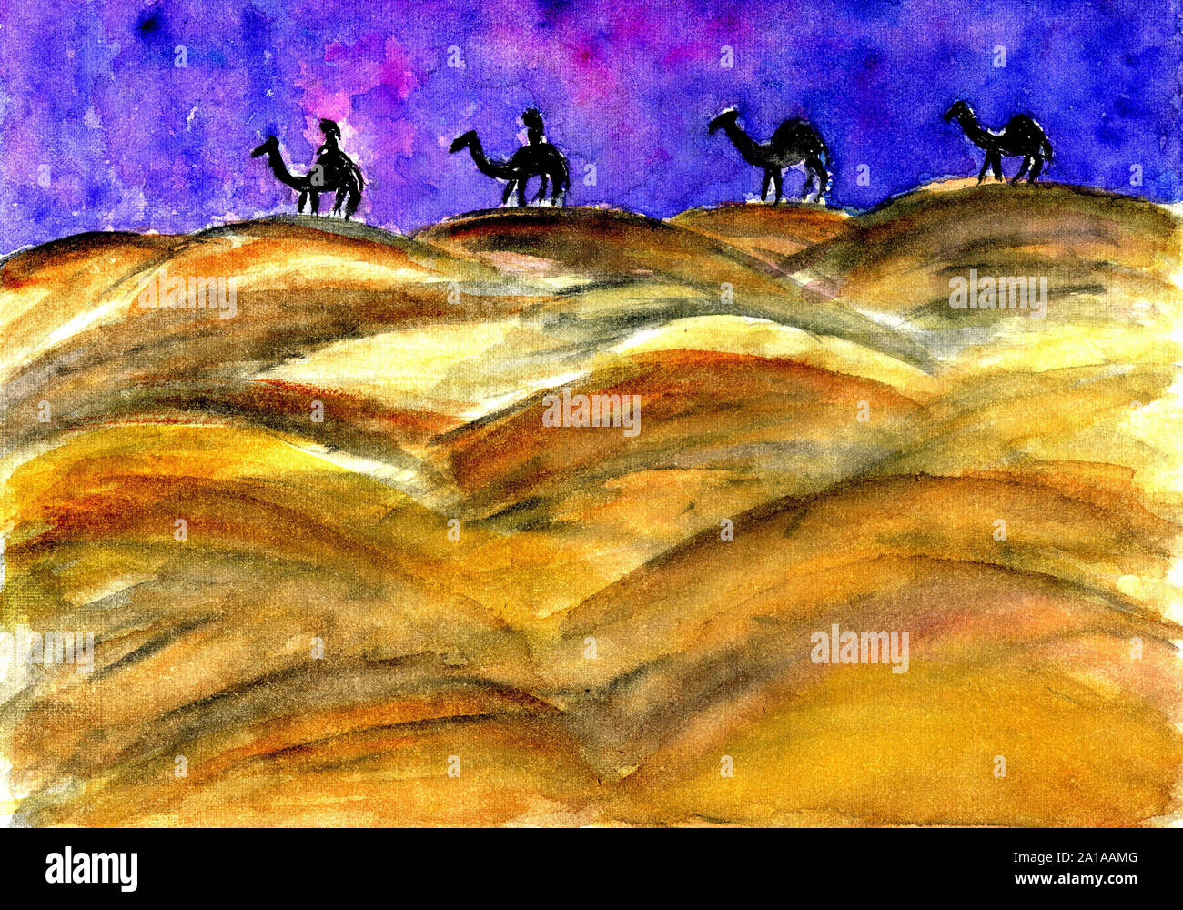 How Camel Walking Watercolor Prints Capture the Essence of the Sahara