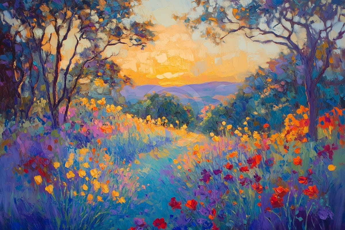 Sunset Over Flower Path Wall Art Painting On Canvas | For Sale On ... pertaining to "Sunset Flowers