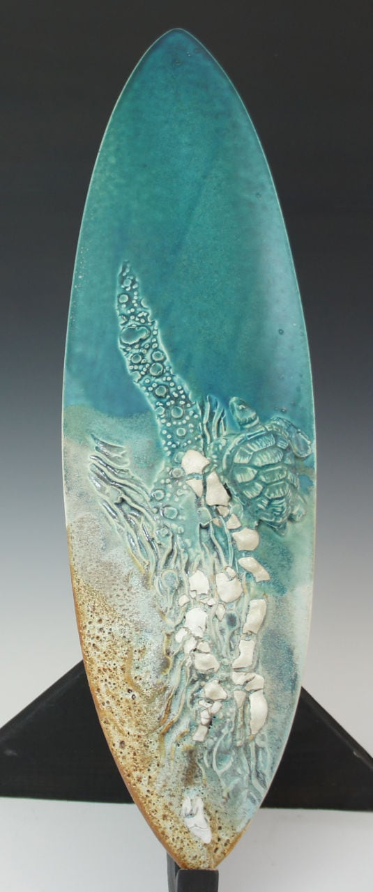 Surfboard Sculpture With Sea Turtles By Lee O. Plevney - Maui Hands pertaining to 4X16" Single Surfboard Ceramic Wall Decor Art Tile