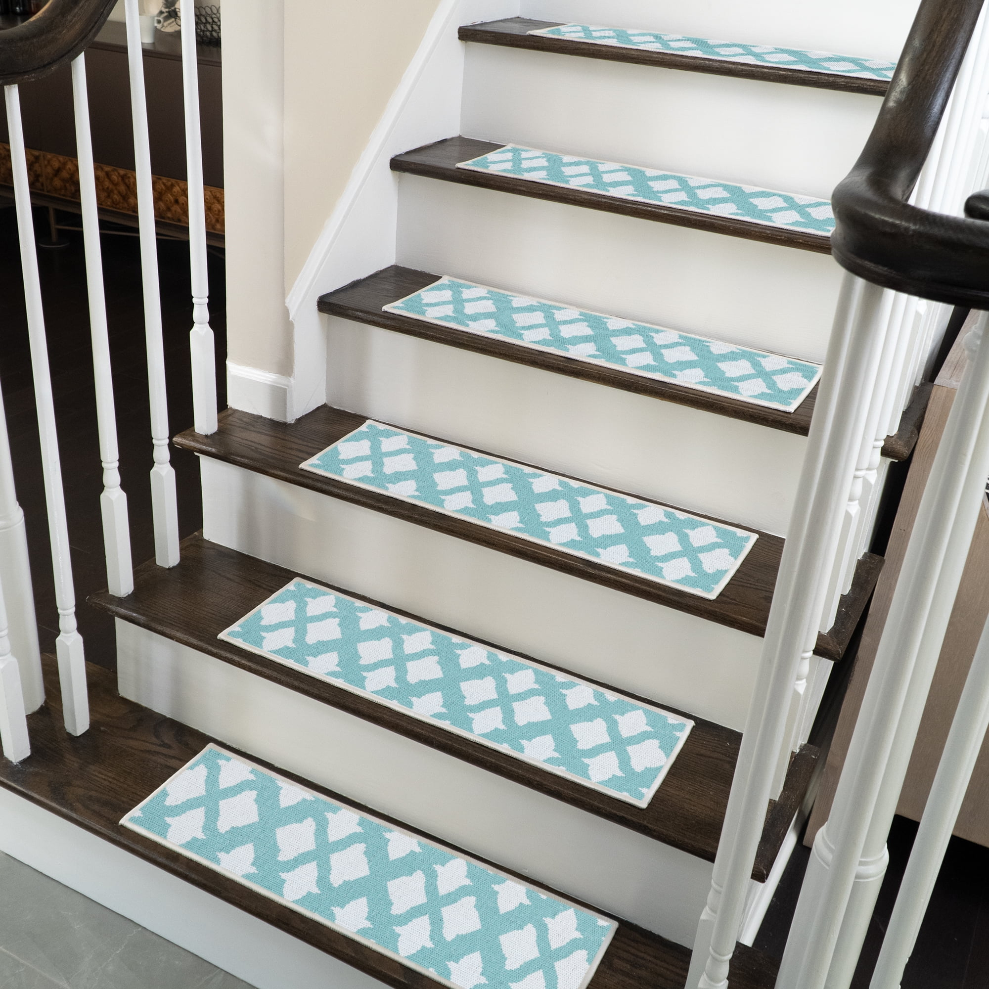 Designing safer stairs with blue floral adhesive strips