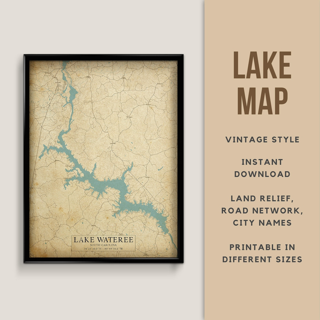 Vintage Style Map Of Lake Wateree, South Carolina, Usa With City Names ... for The Art and Science of Lake Wateree Mapping in Historic South Carolina