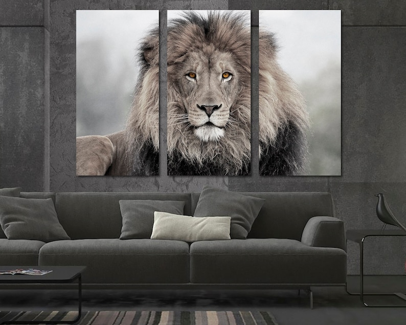 Three Panel Canvas Art Featuring African Lion with Blue Eyes