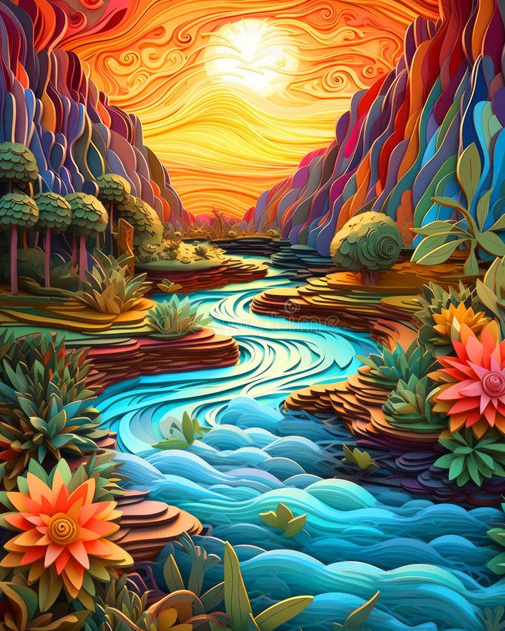 3D Paper Art - Sun, Mountains, And River In Harmony. Ai Generated Stock ... intended for Creating Visual Harmony Through Layered Mountain and Sky Elements