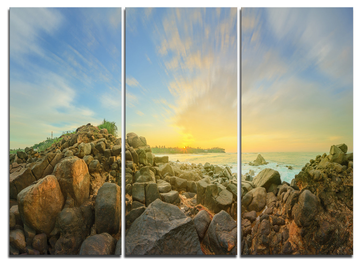 Artistic Techniques in Ready2HangArt’s Three-Panel Coastal Sunrise Set