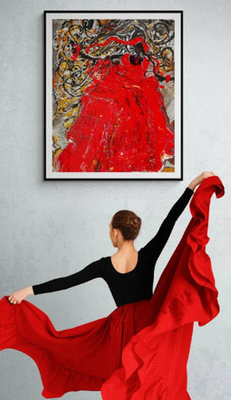 Analyzing the Composition and Color Theory in Flying Red Dress Digital Prints