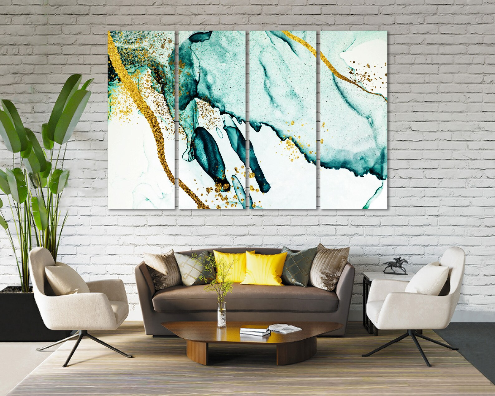 Emerald Abstract Art With Gold Accent Abstract Drawing Wall | Etsy within "Emerald Abstraction" Abstract Silver Shagreen Wrapped Canvas Wall Art