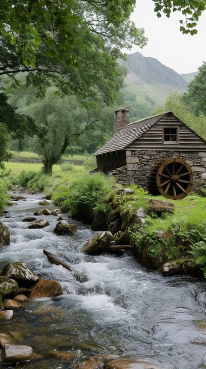 Free Idyllic Watermill Scene Image | Download At Stockcake throughout Exploring Timeless Beauty in Flowing River and Watermill Photo Series