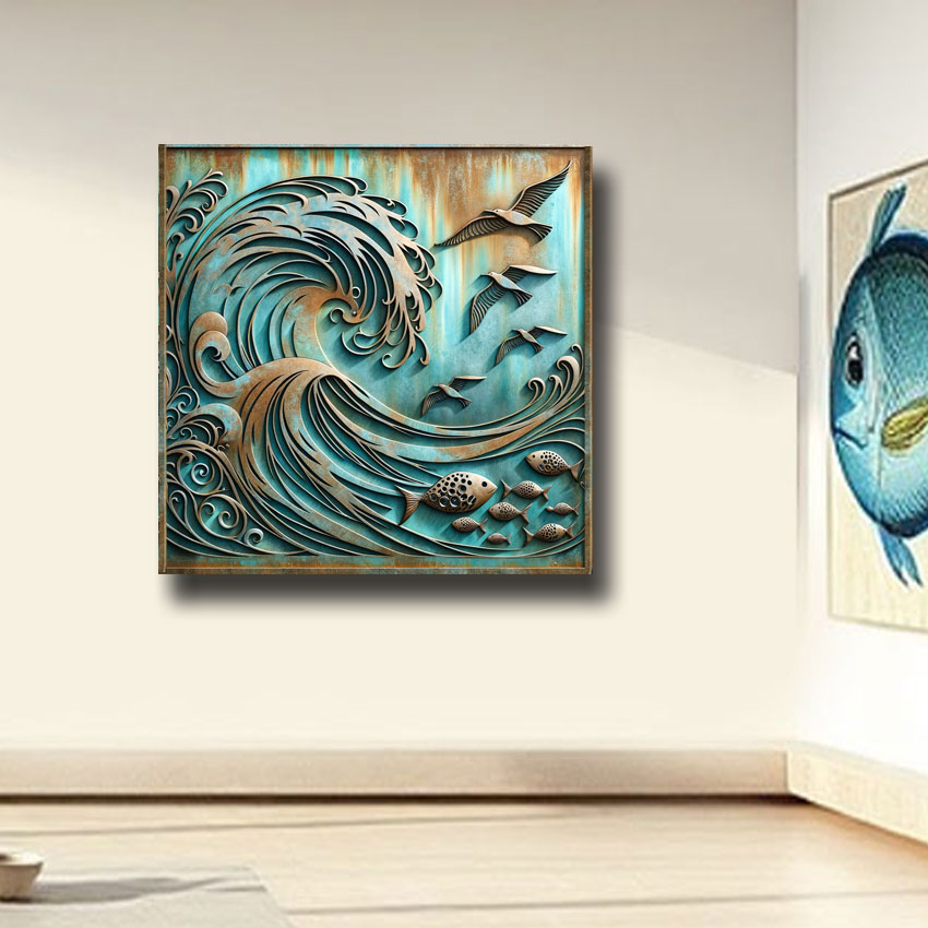 Ocean Symphony – Outdoor 3D Metal Wall Art With Verdigris throughout "Purple Tinged Wood Bridge And Beach" Sea Piermetal Wall Art, 3 Panels