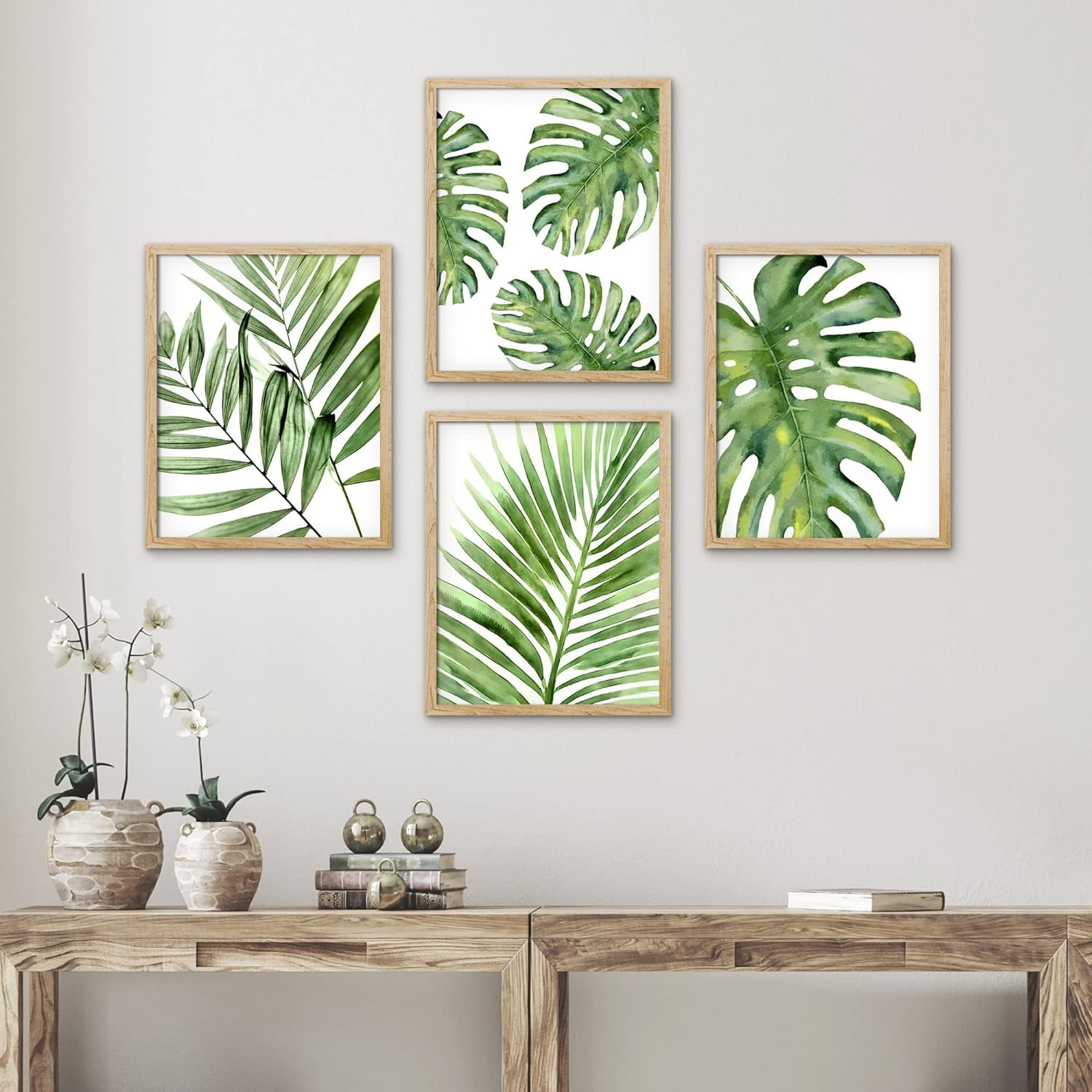Pixonsign Set Of 4 Framed Wall Art, Tropical Green Island Palm Leaf ... inside Artistic Composition Techniques in Four-Panel Nature Wall Art