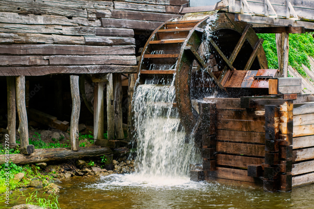Poster Old Water Mill, Mill Wheel On The River – Wall Art | Ukposters for "Flowing River And Aged Watermill" Landscape Photo Wall Art, 4 Panels