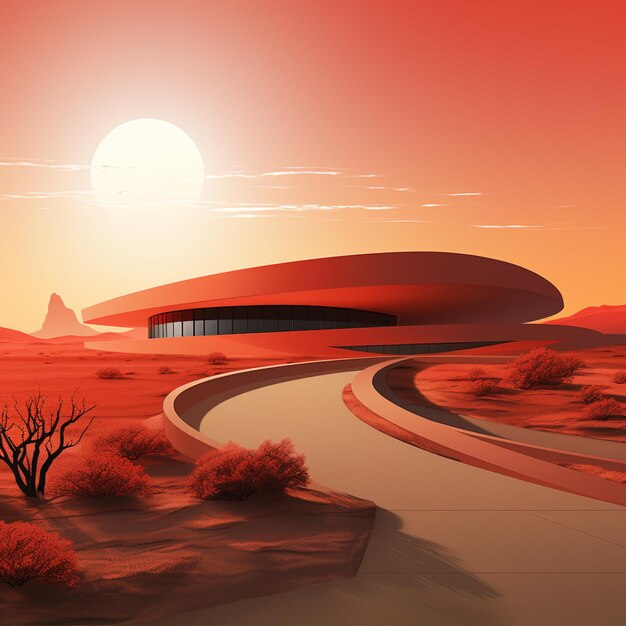 There Is A Red Desert Scene With A Building And A Road Generative Ai ... with regard to "Red Desert Under Blue Cloudy Skies" Modern Landscape Wall Art Canvas