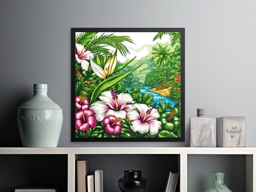 Tropical Paradise Wall Art, Exotic Jungle And Floral Print, Vibrant ... intended for "Row Of Beautiful Palms Under Magenta Sky" Wall Art Landscape, 1 Panel