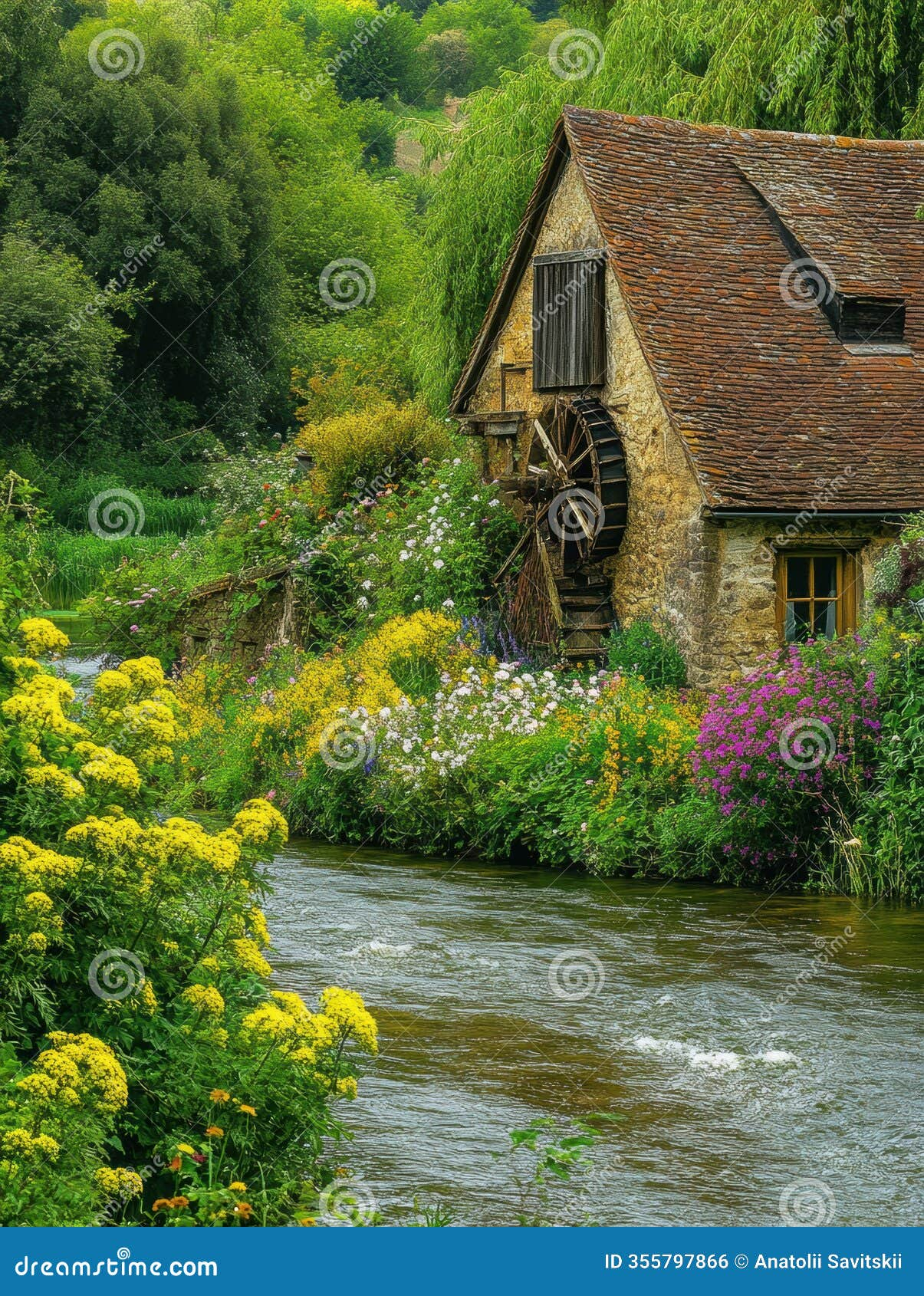 Exploring Timeless Beauty in Flowing River and Watermill Photo Series